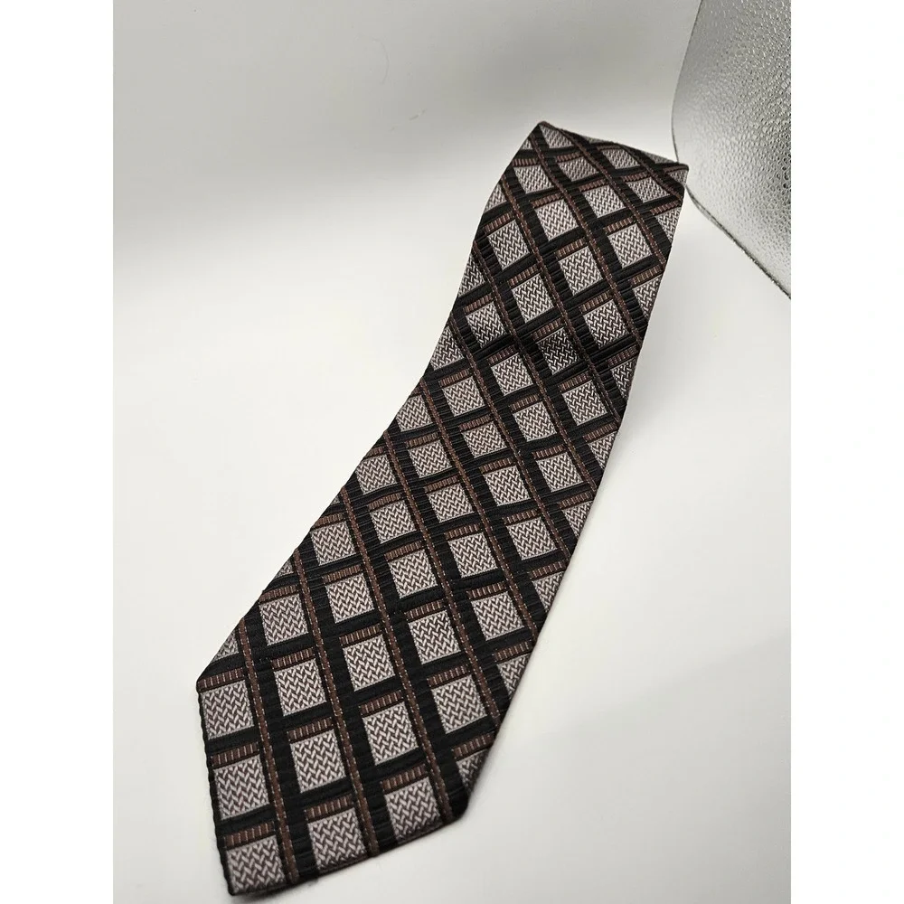 Robert‎ Talbott Best of Class Nordstrom Silk Tie Brown Silver Geometric Grid USA